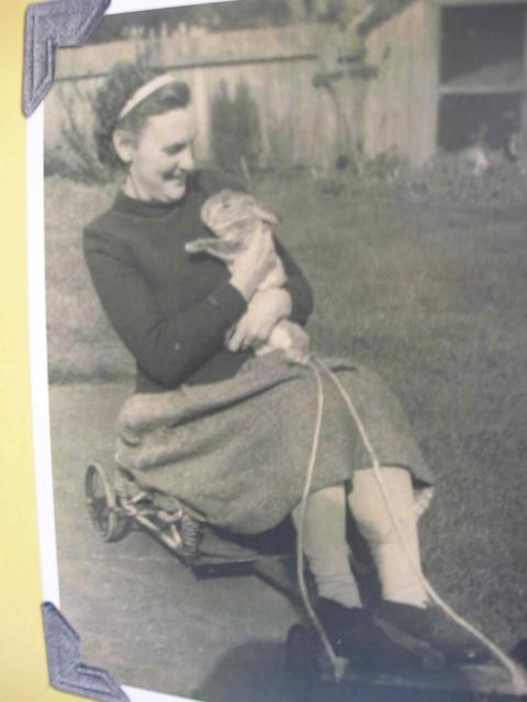 Mrs Marjorie Bligh in go-kart with rabbit friend