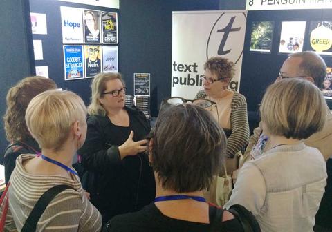 Magda Szubanski talking to booksellers.